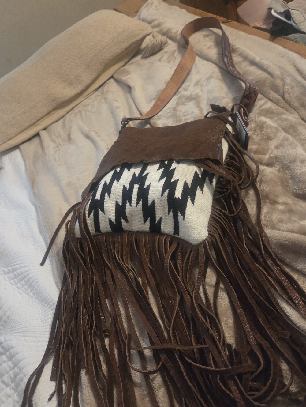 American Darling Brown Leather Fringe Crossbody with Black & White Aztec Panel